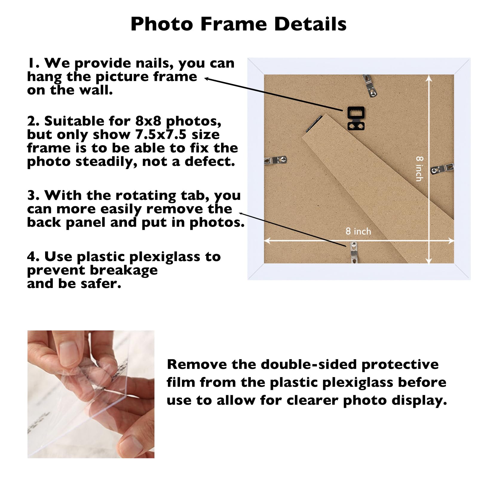JCJMY 8x8 Picture Frame White for Wall Hanging or Tabletop, Wall Mounting Horizontally or Vertically, 8 x 8 Square Wall Gallery